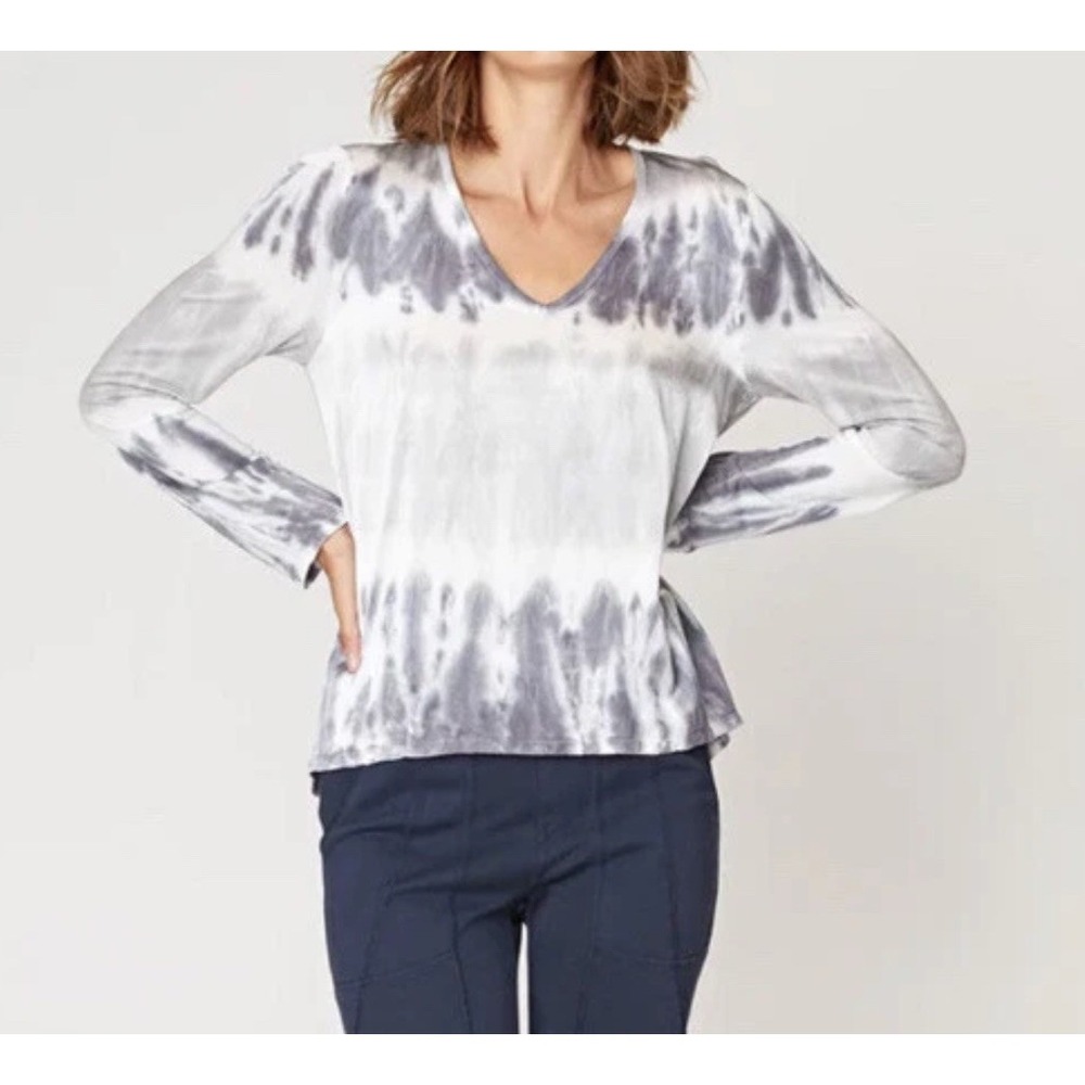 XCVI Satin Heat White L Kalvin‎ V-Neck Long Sleeve Top Tie Dye Boho Hippie Silky